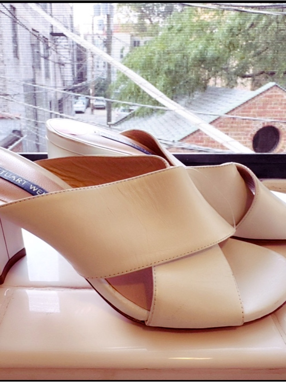 Stuart Weitzman Ivory Crossover Leather Mules